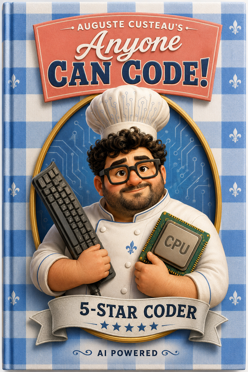 Auguste Gusteau-style cover: 'Anyone Can Code' — chef with keyboard and CPU instead of spatula and ladle