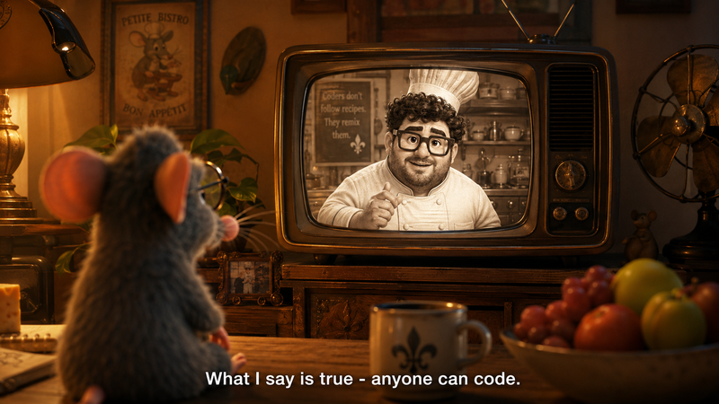 Ratatouille-style TV: 'Anyone Can Code' — a rat watching a television with a chef