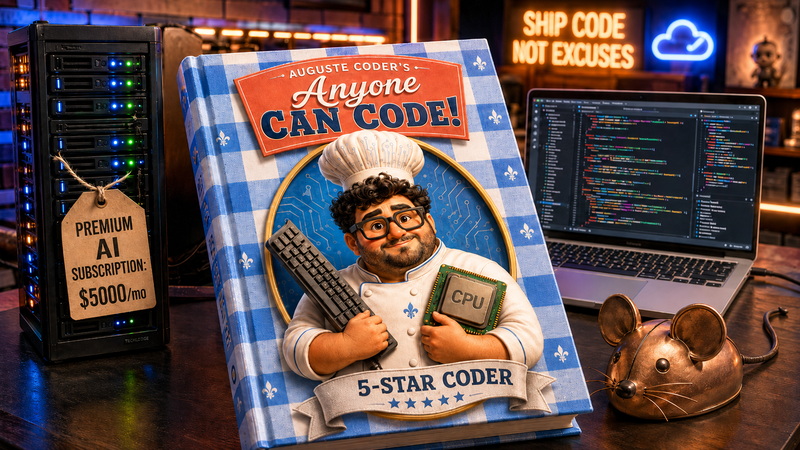 Auguste Gusteau-style cover: 'Anyone Can Code' — chef with keyboard and CPU instead of spatula and ladle