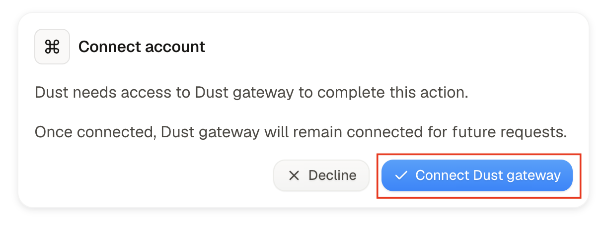 Dust personal account connection prompt for the Okta Agent Gateway