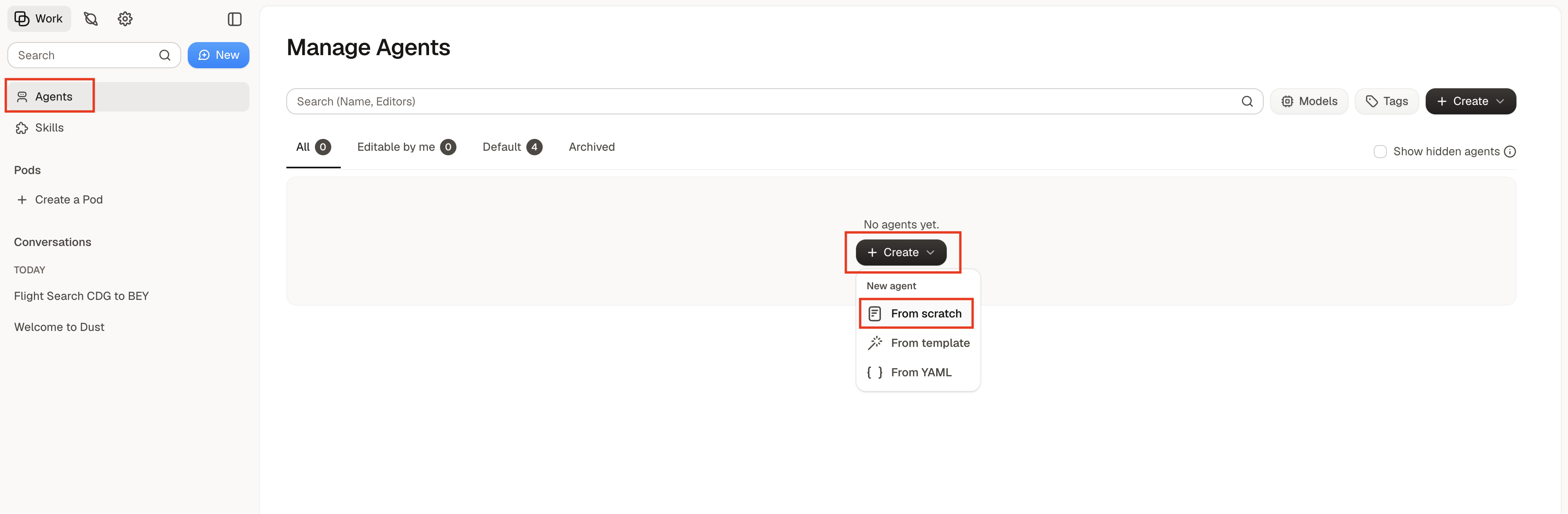Dust Manage Agents page with the option to create an agent from scratch