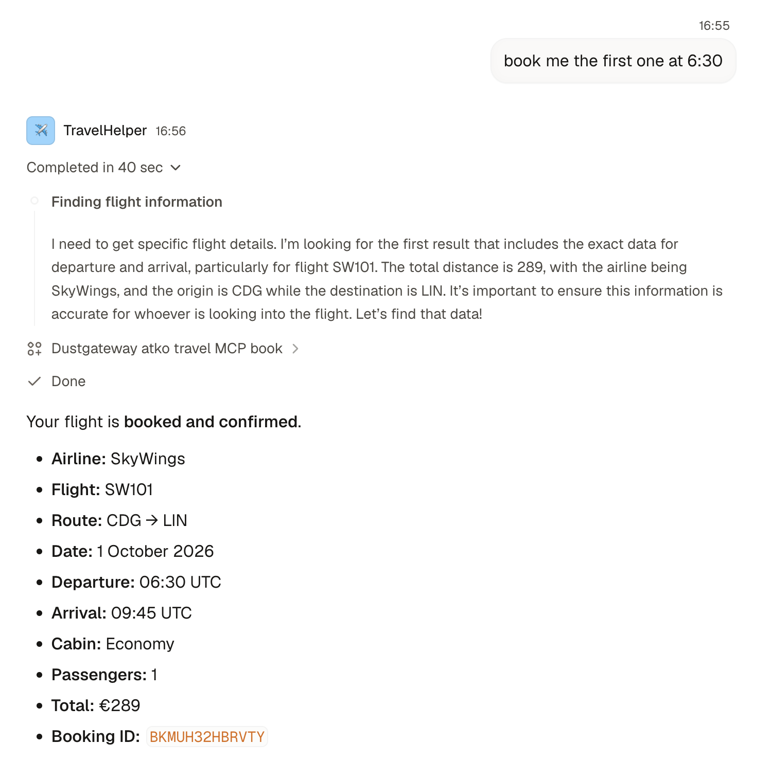 TravelHelper reporting a successful test flight booking from AtkoTravel