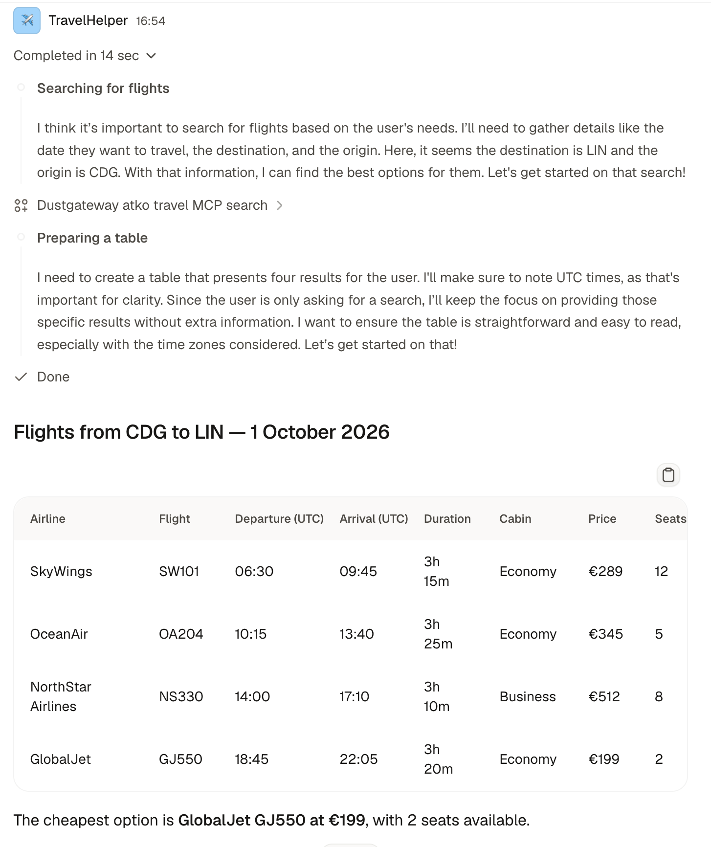TravelHelper displaying flight search results returned through Okta Agent Gateway
