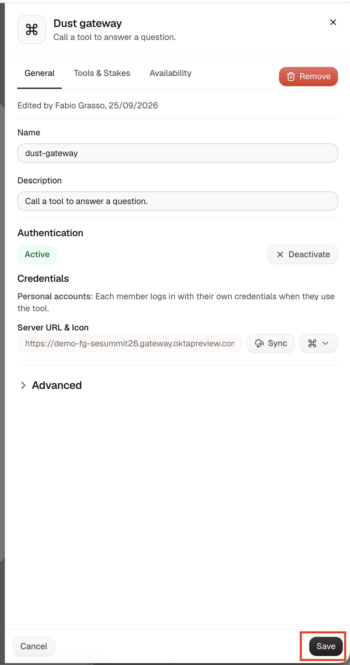 Dust Gateway connection showing active authentication and personal accounts