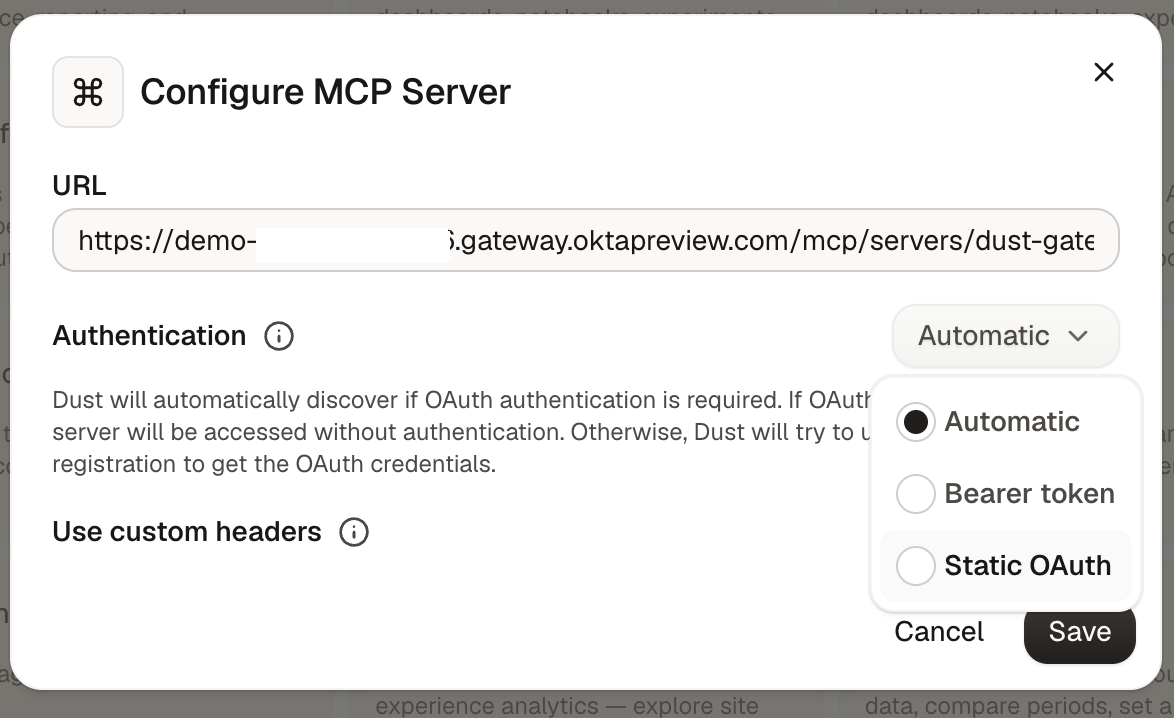 Dust Configure MCP Server dialog with the Gateway URL and Static OAuth option