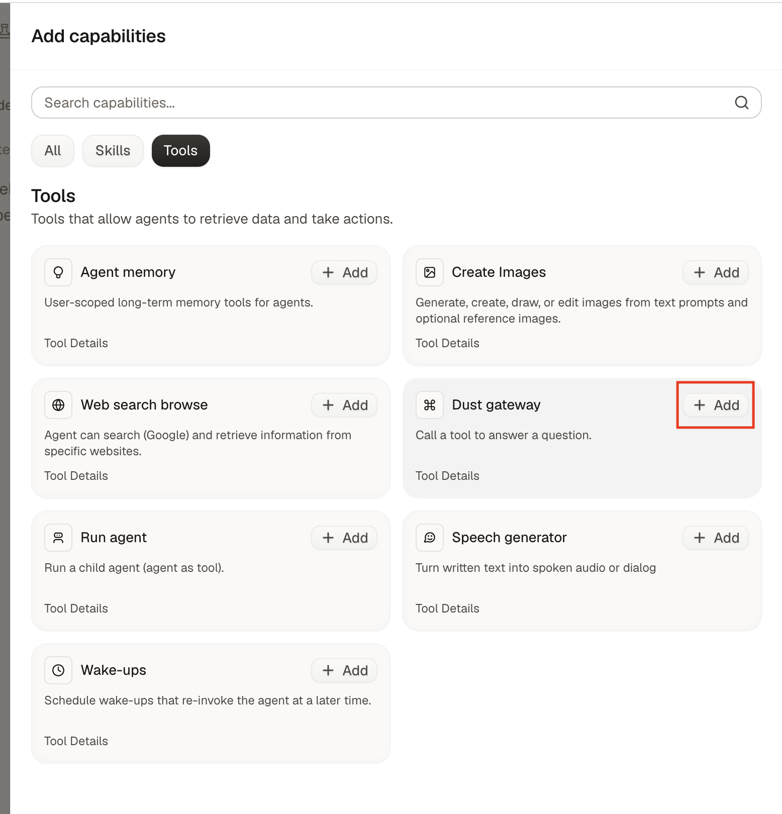 Dust capability picker with the Gateway connection selected