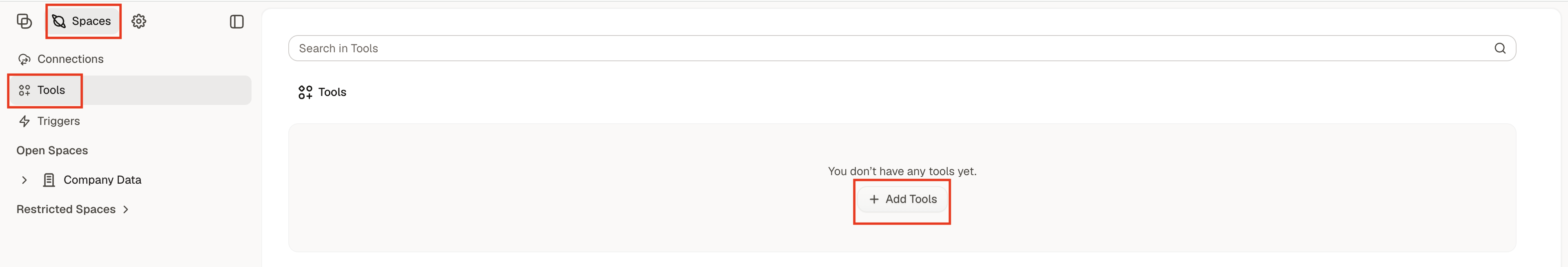 Dust Space Tools page before adding the Gateway connection
