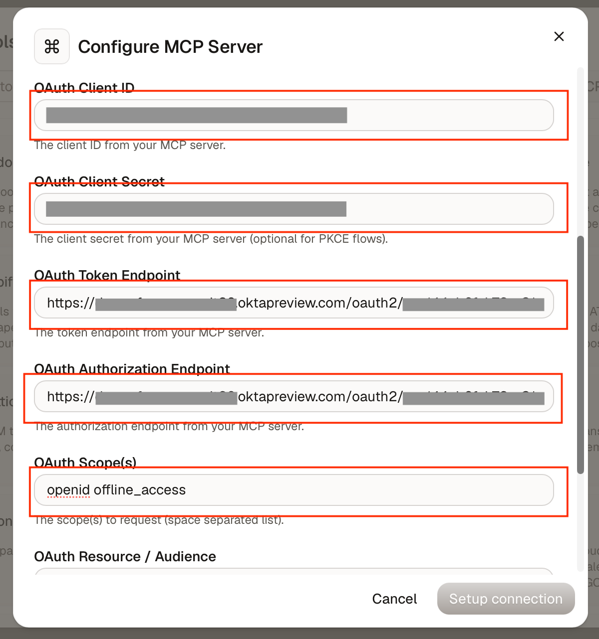 Dust Static OAuth configuration with masked client credentials, OAuth endpoints, and openid offline_access scopes