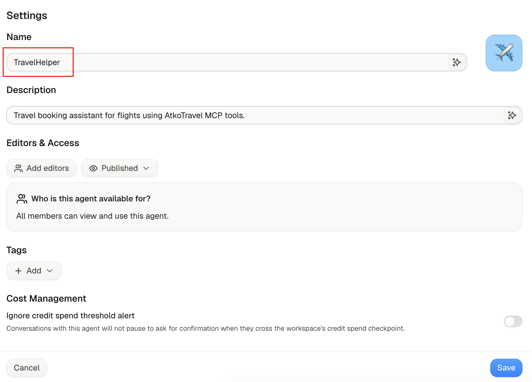 TravelHelper agent settings including name, description, and visibility