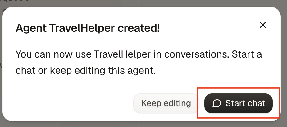 TravelHelper creation confirmation with the Start chat button