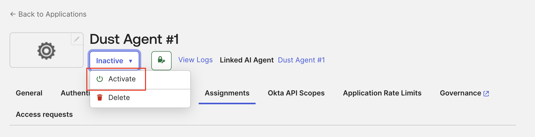 Linked Dust OIDC application status menu with the Activate action
