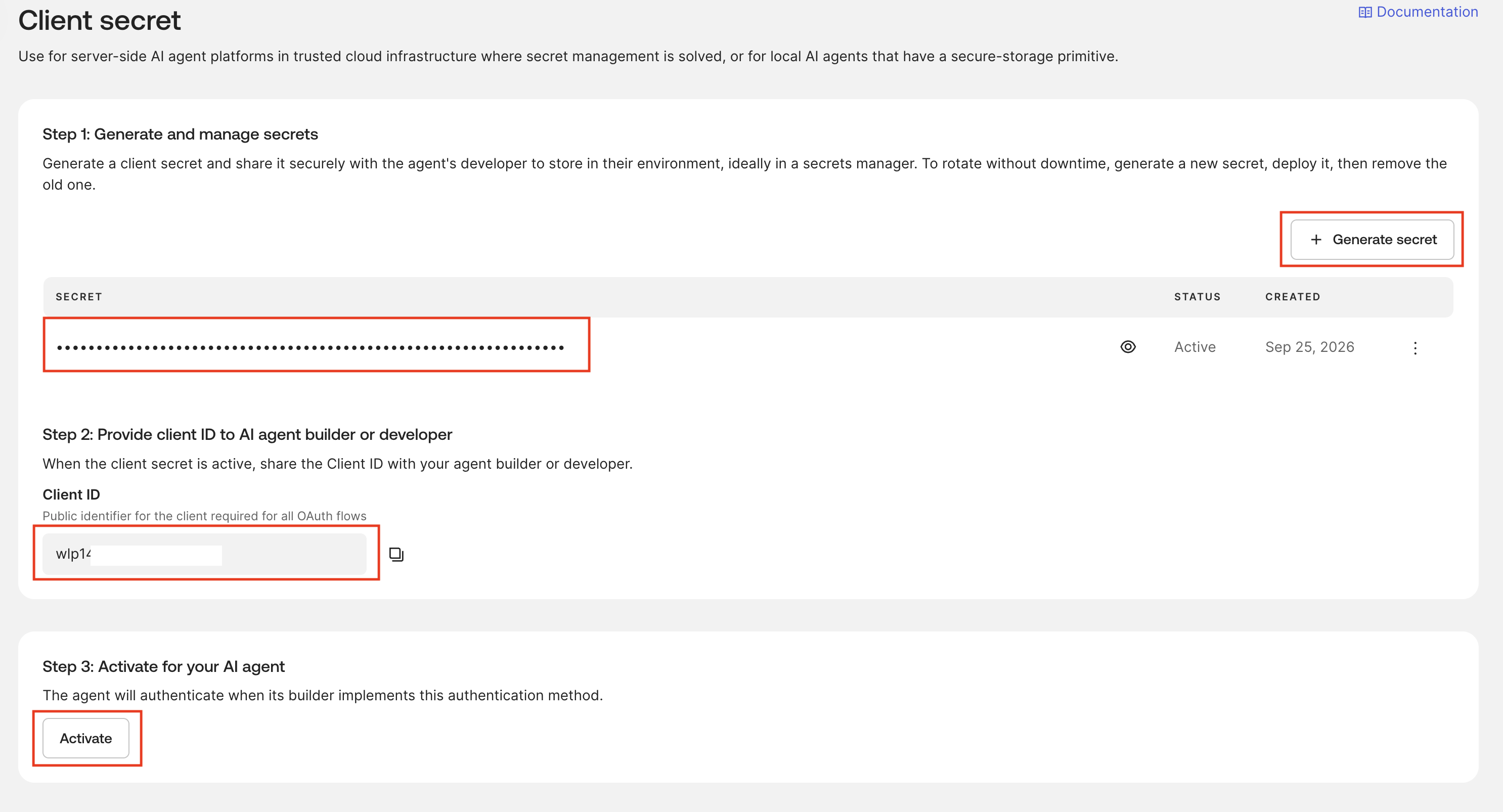 Generated secret shown masked alongside the AI agent Client ID and Activate button