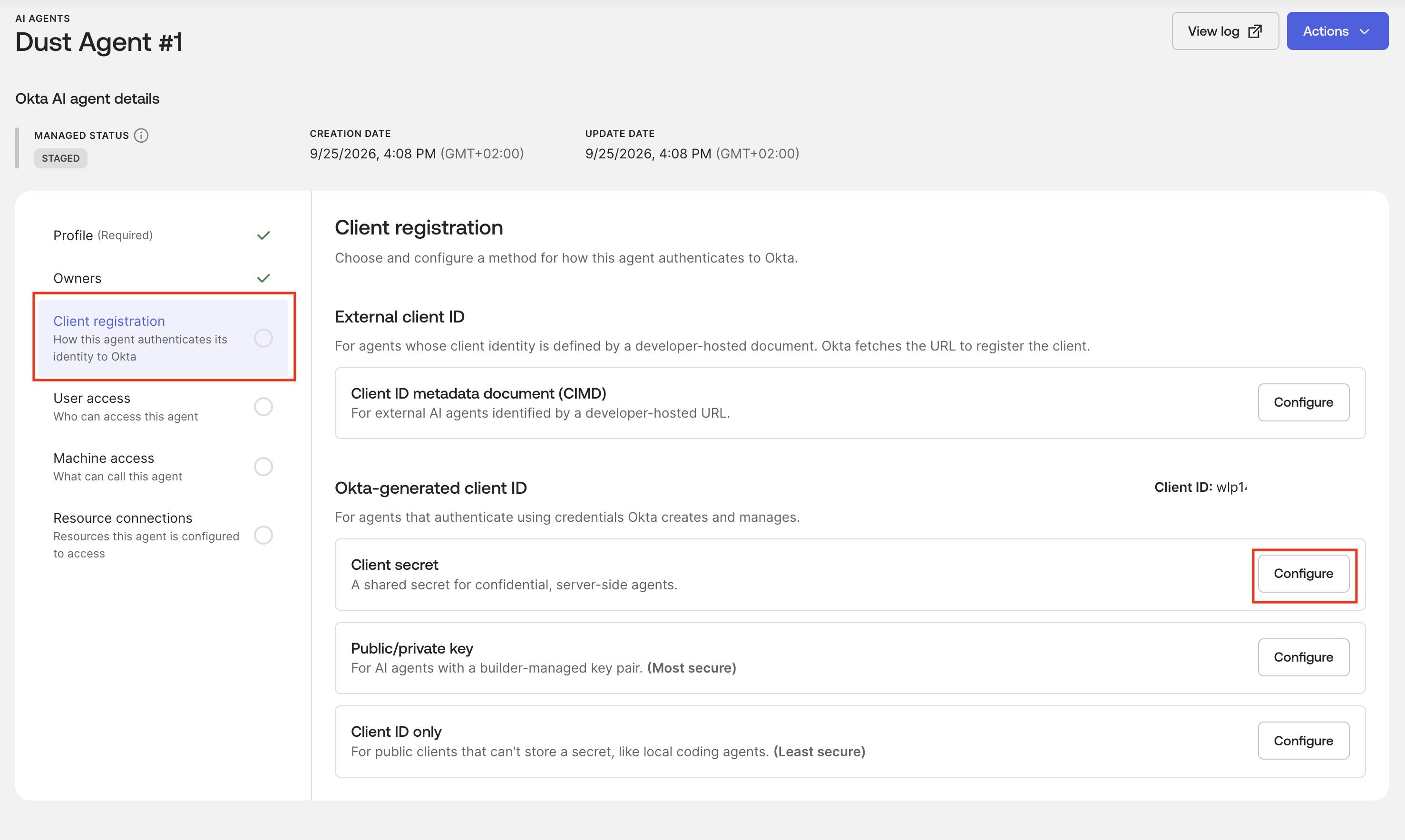 Dust AI agent Client registration tab showing authentication method options