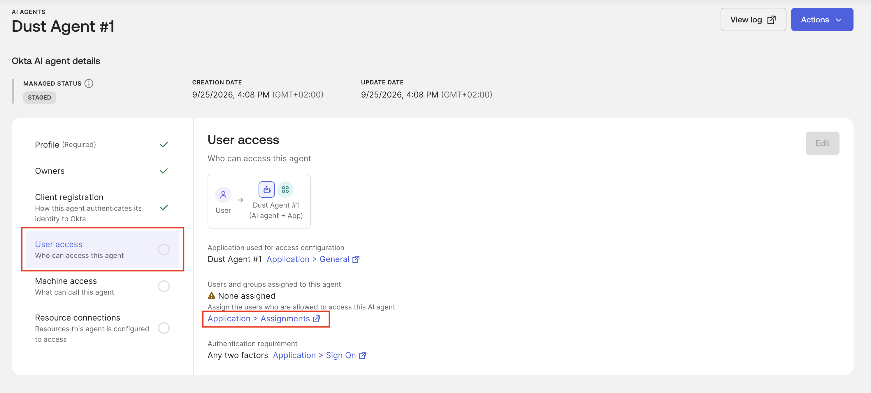 User Access tab with the link to the Dust agent application assignments