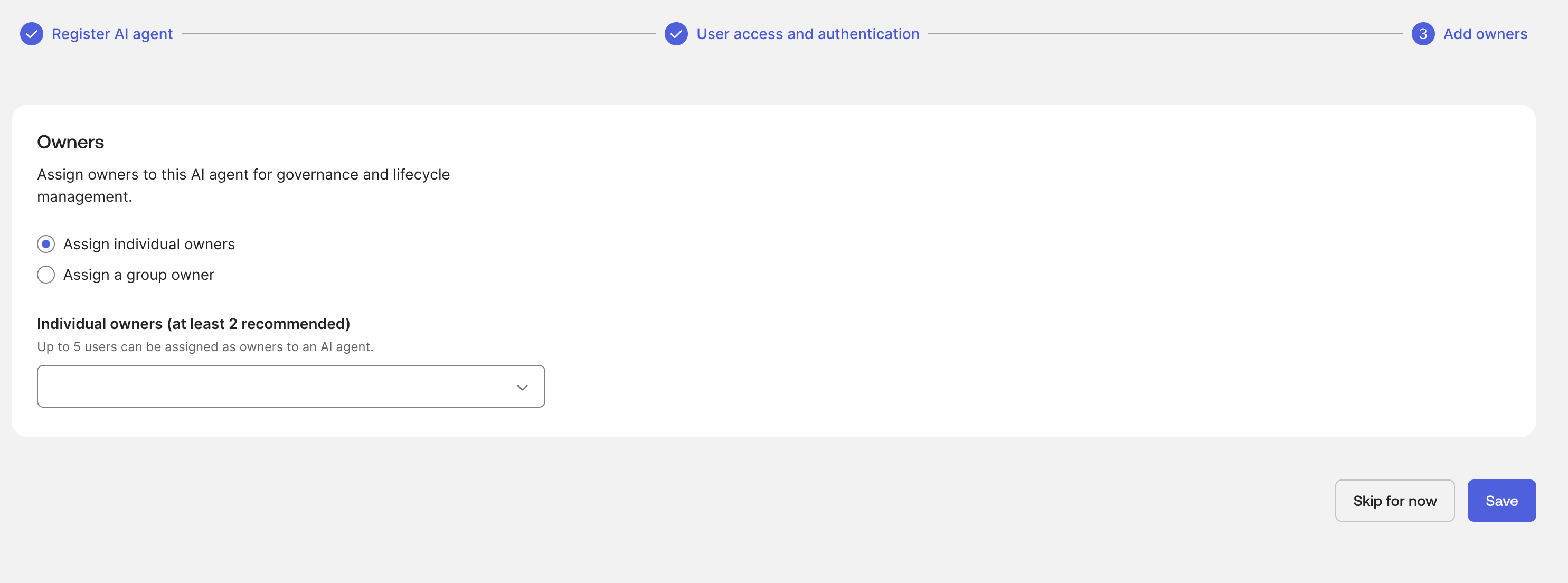 Owner assignment step during Okta AI agent registration