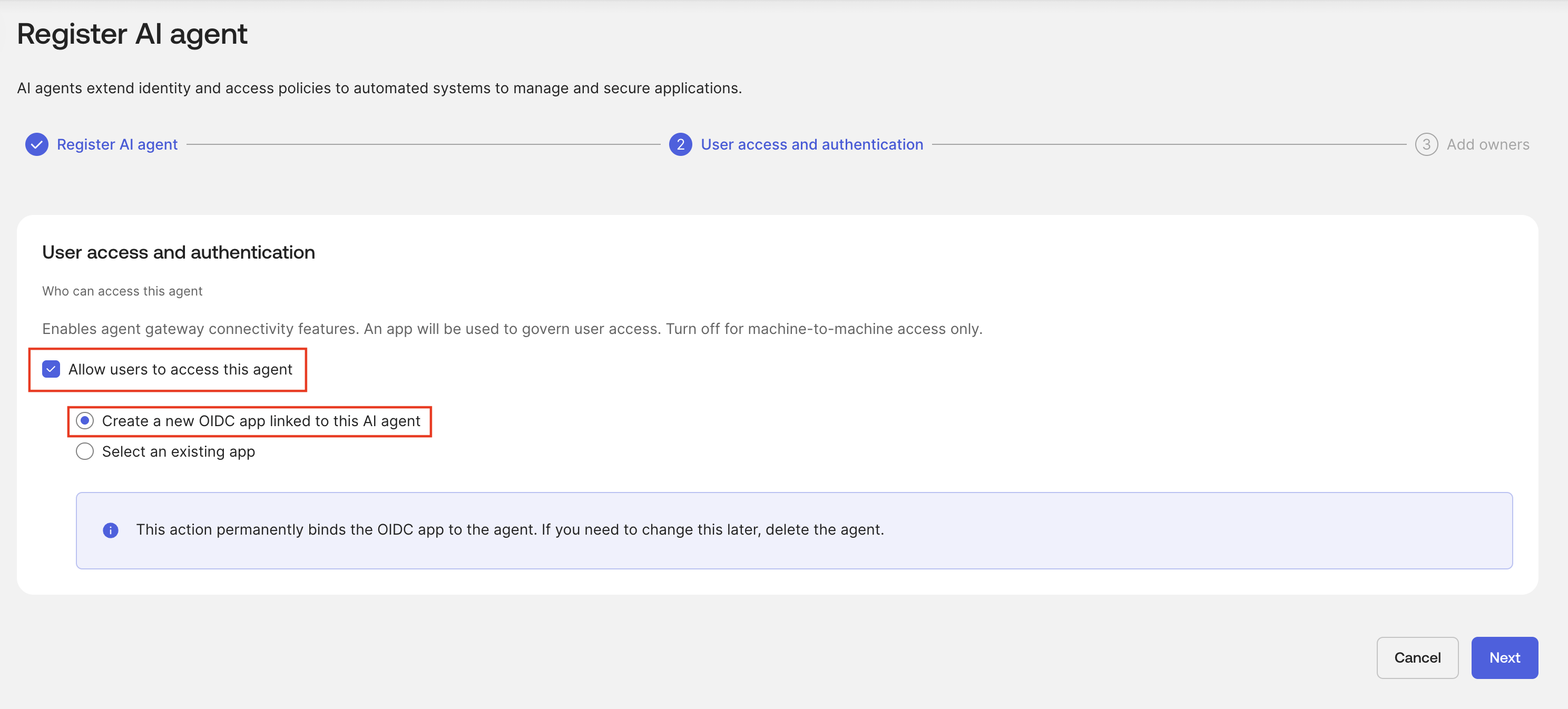 User access configuration with a new linked OIDC application selected