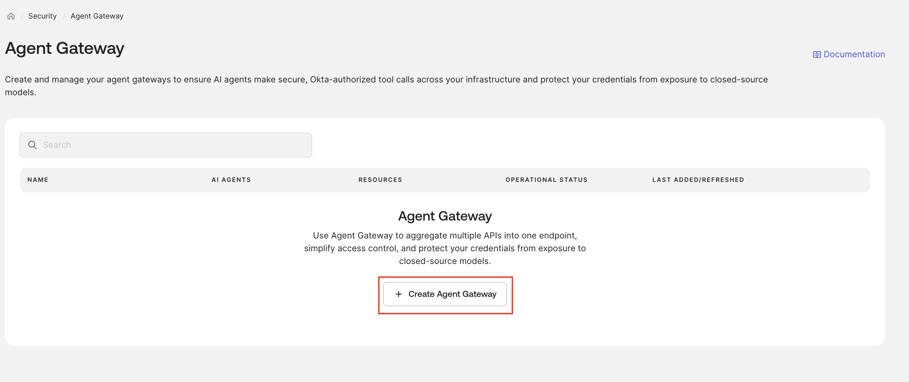 Okta Agent Gateway page with the Create Agent Gateway action