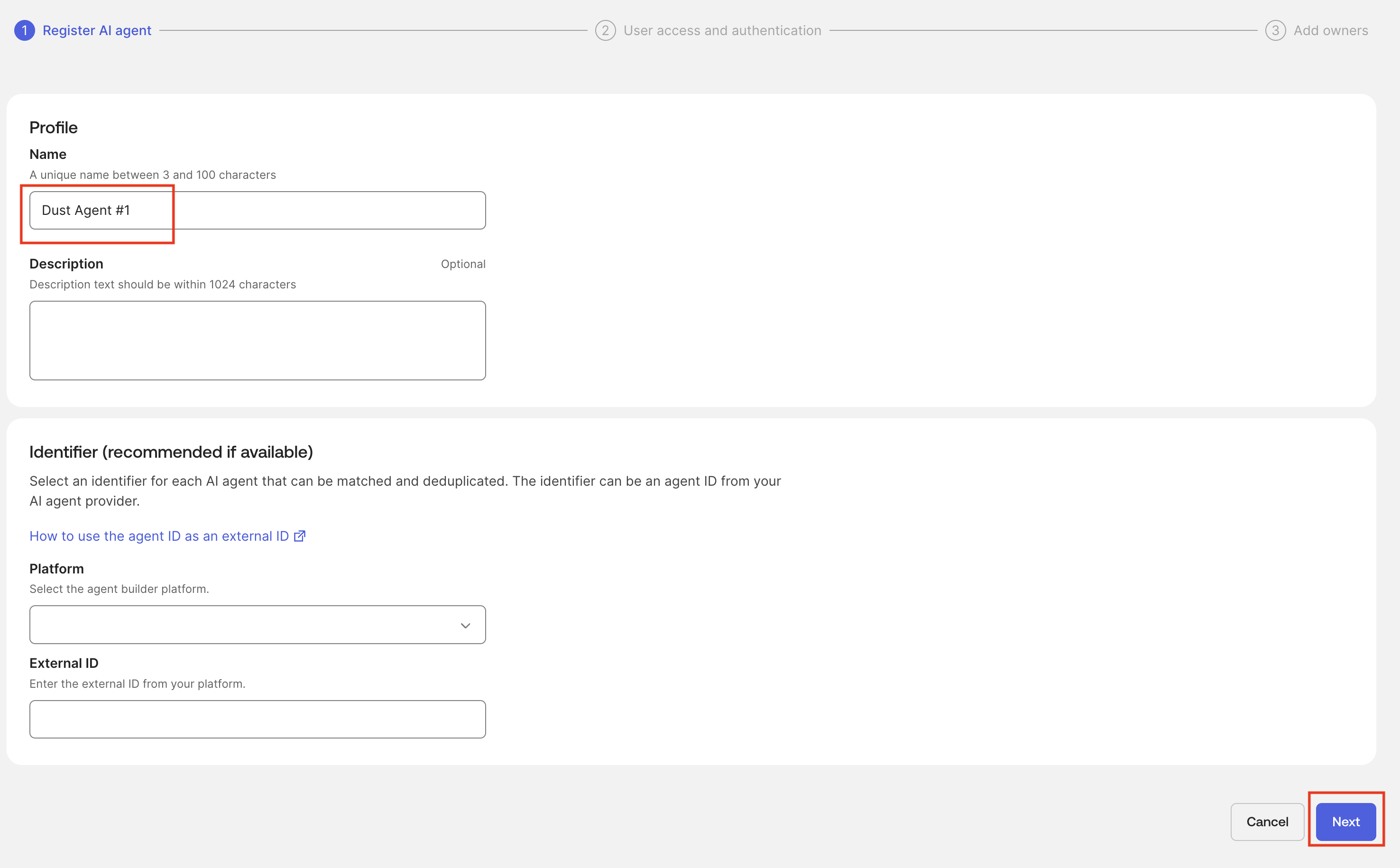 AI agent registration profile with Dust Agent number 1 as the display name