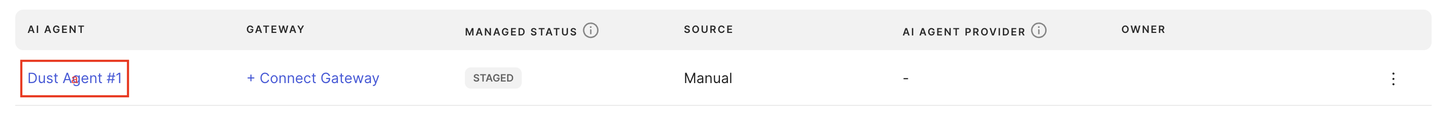 New Dust AI agent listed with STAGED status in Okta