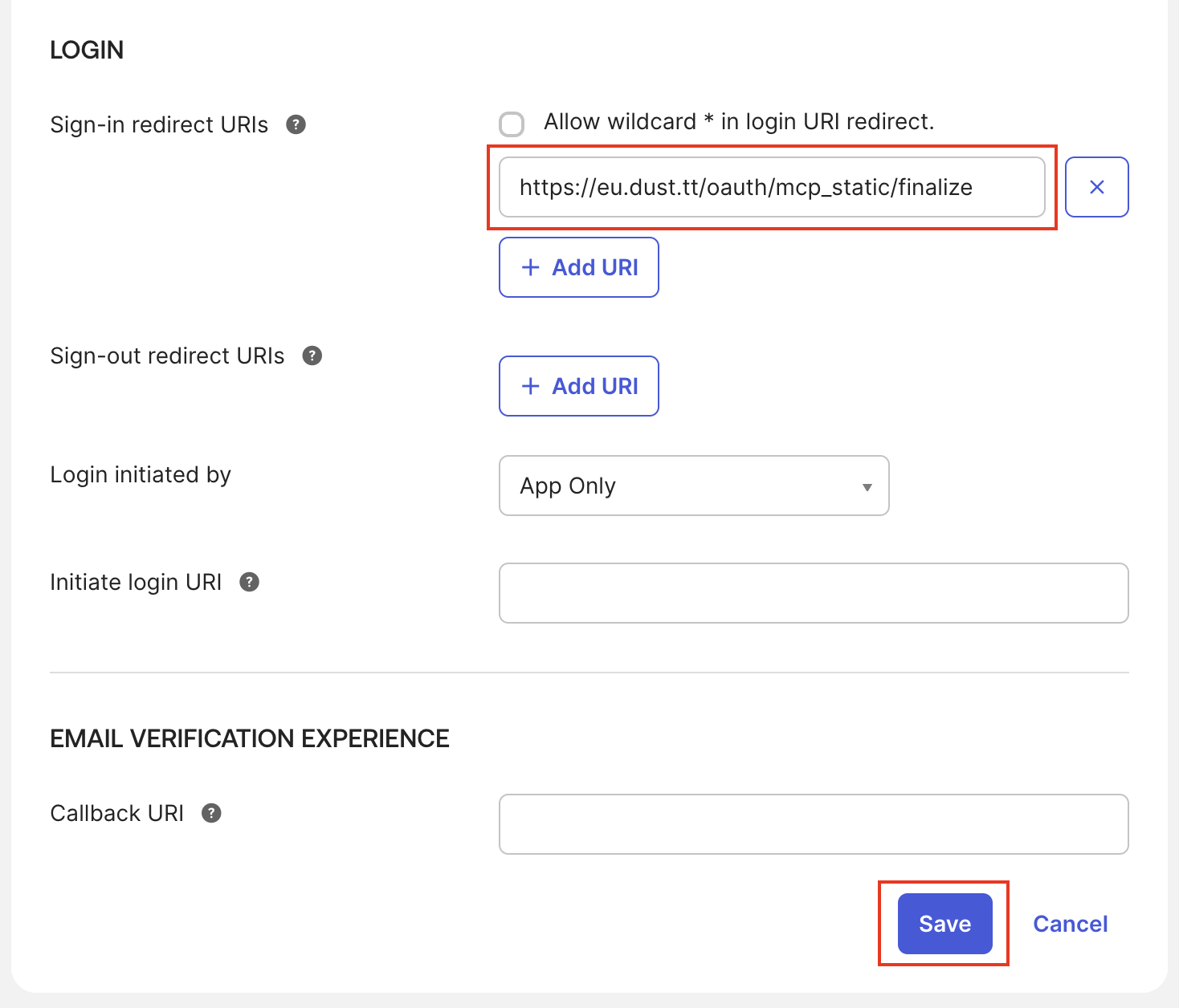 OIDC application settings with the Dust EU Static OAuth sign-in redirect URI