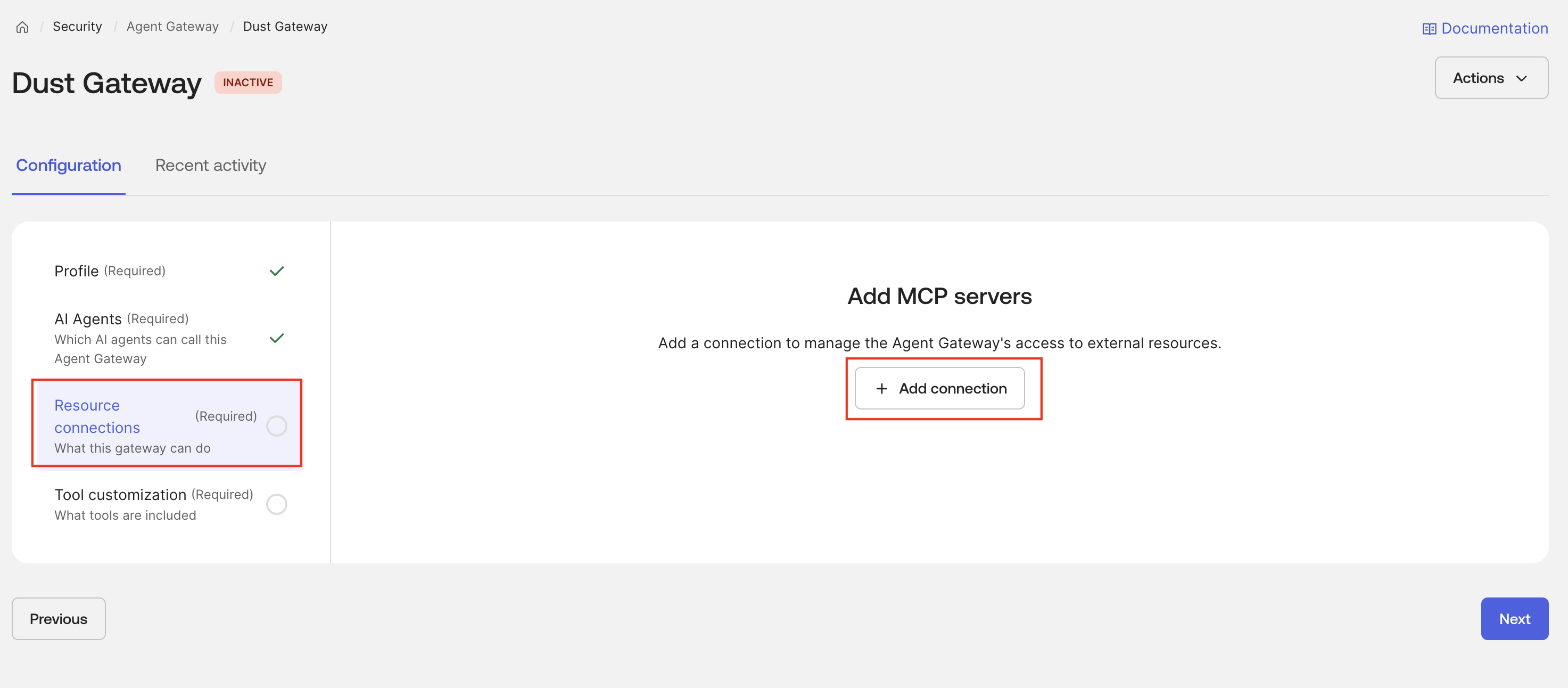 Gateway Resource connections tab before adding MCP servers