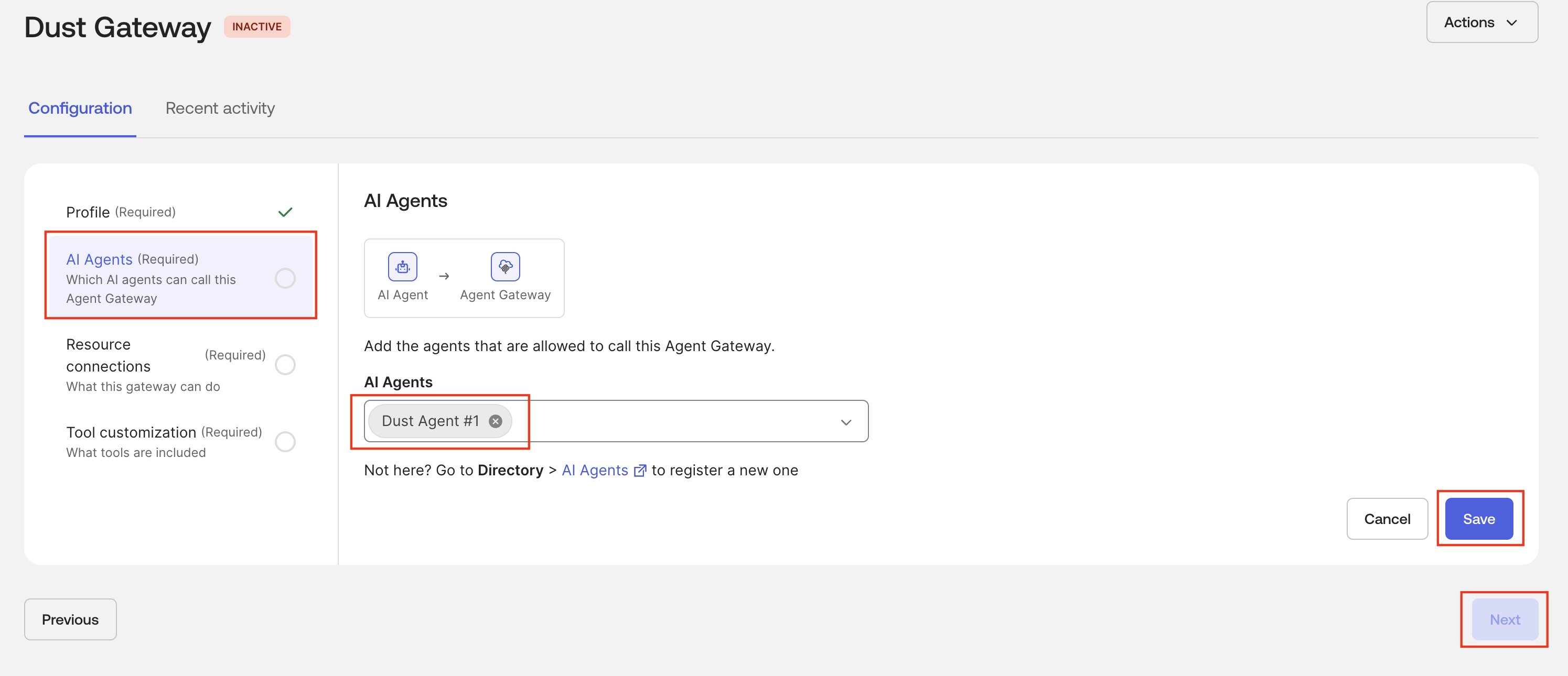 Gateway AI Agents tab with Dust Agent number 1 authorized to connect