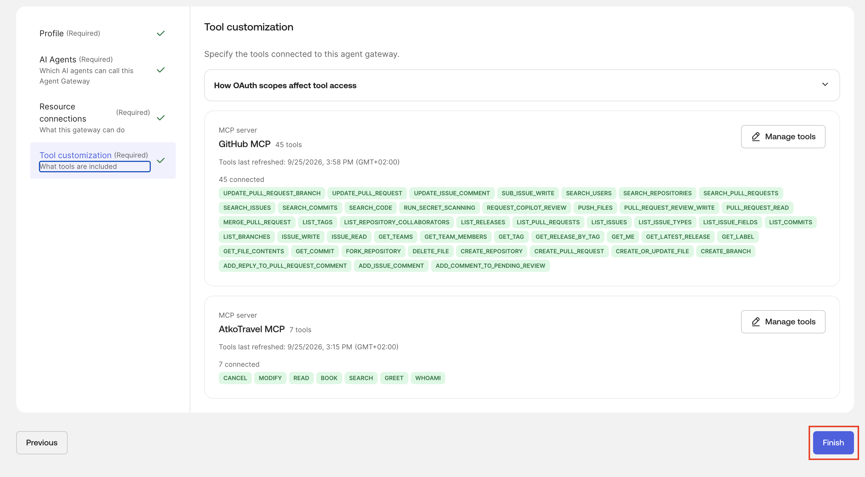 Gateway Tool customization summary showing enabled tool selections