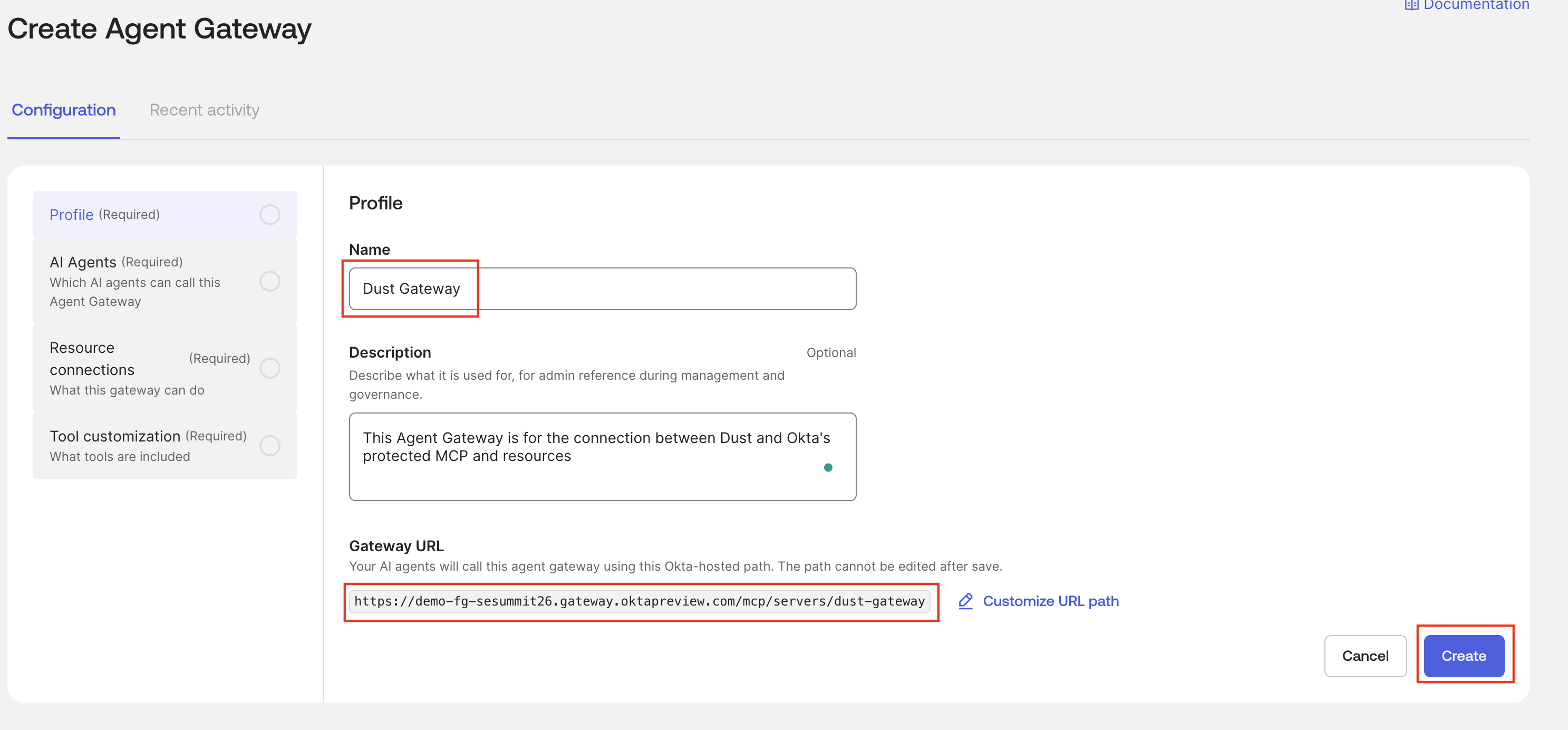 Gateway profile with its display name and customizable MCP endpoint path