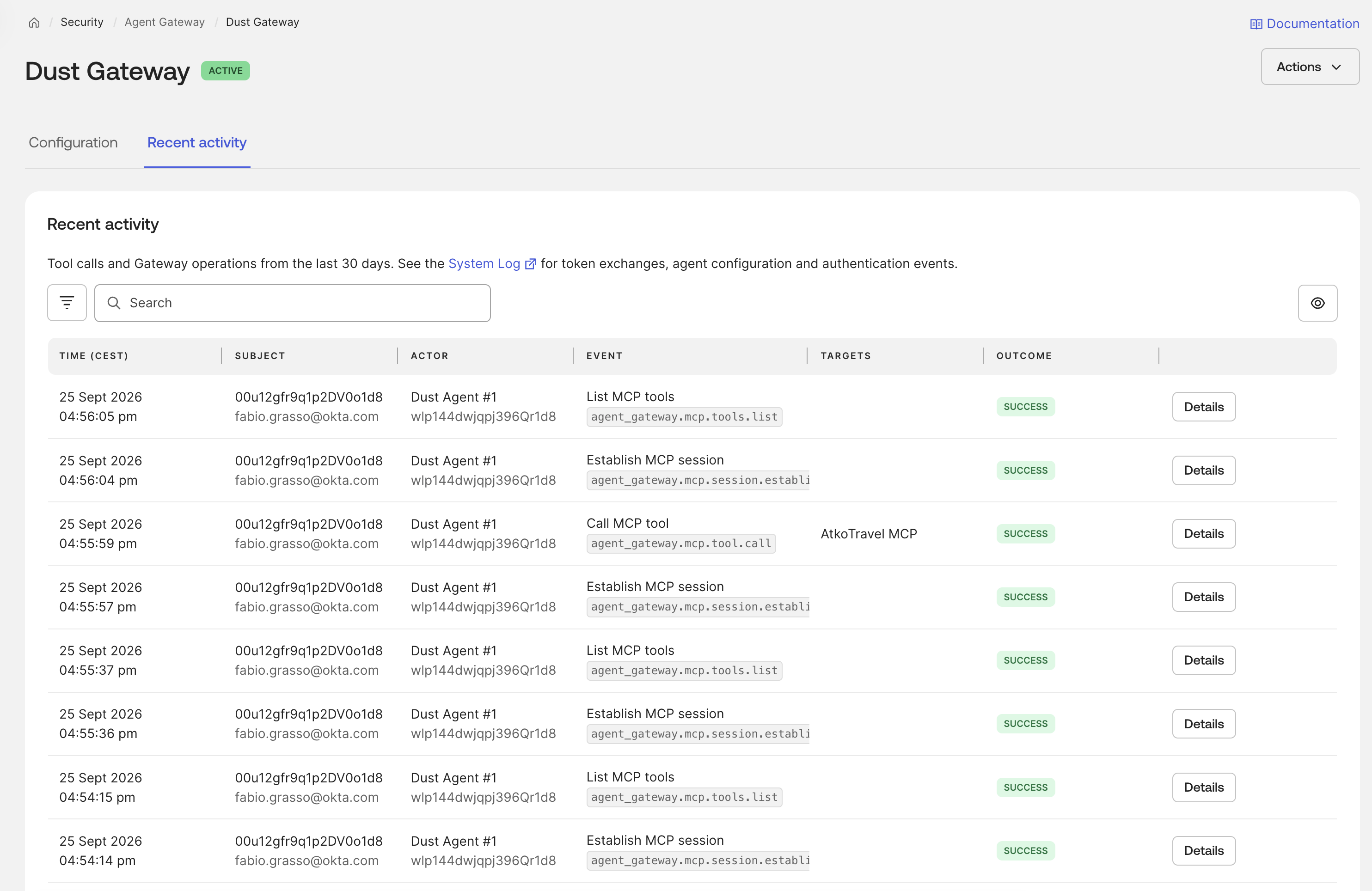 Dust Gateway Recent Activity view listing tool calls and their outcomes