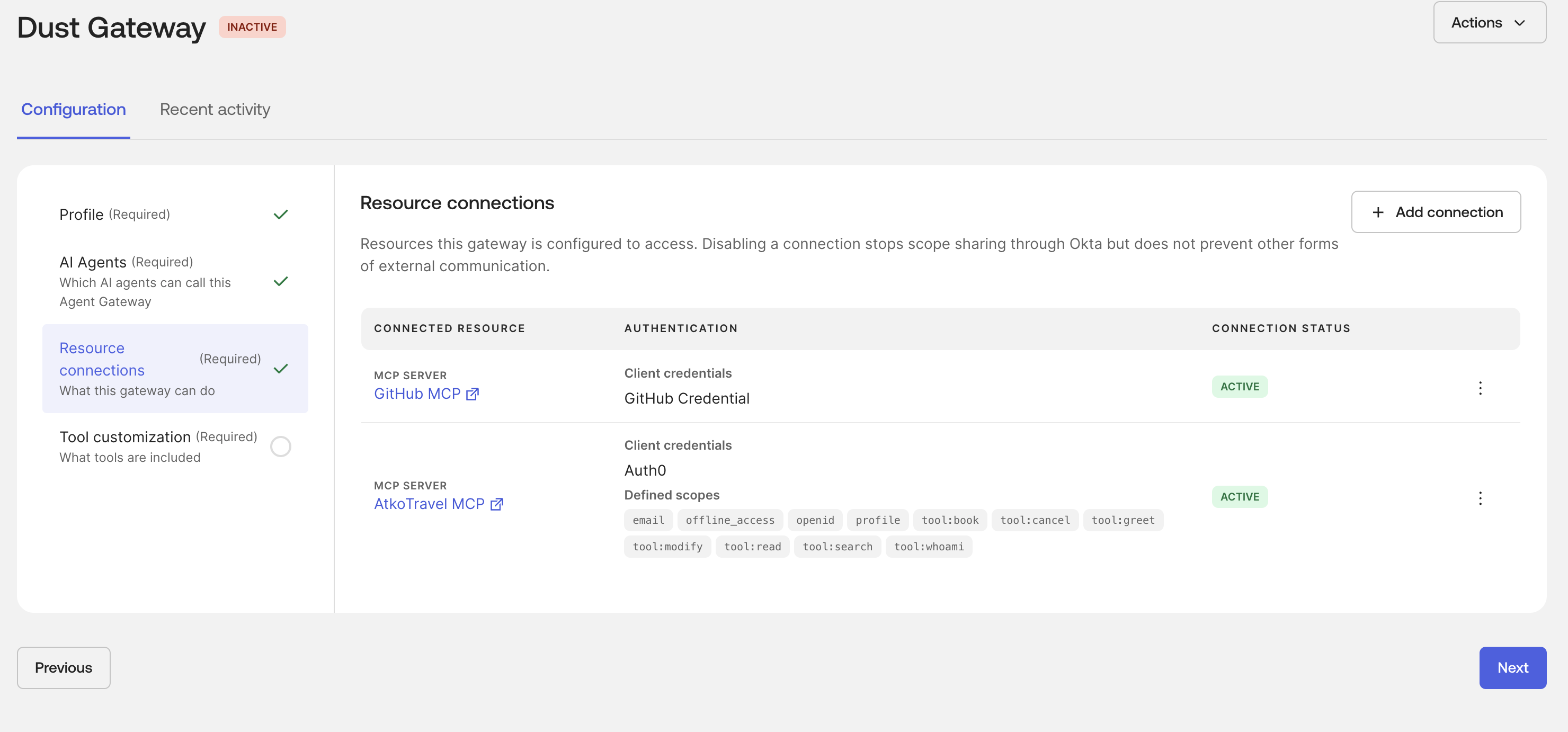 AtkoTravel and GitHub listed as Gateway resource connections