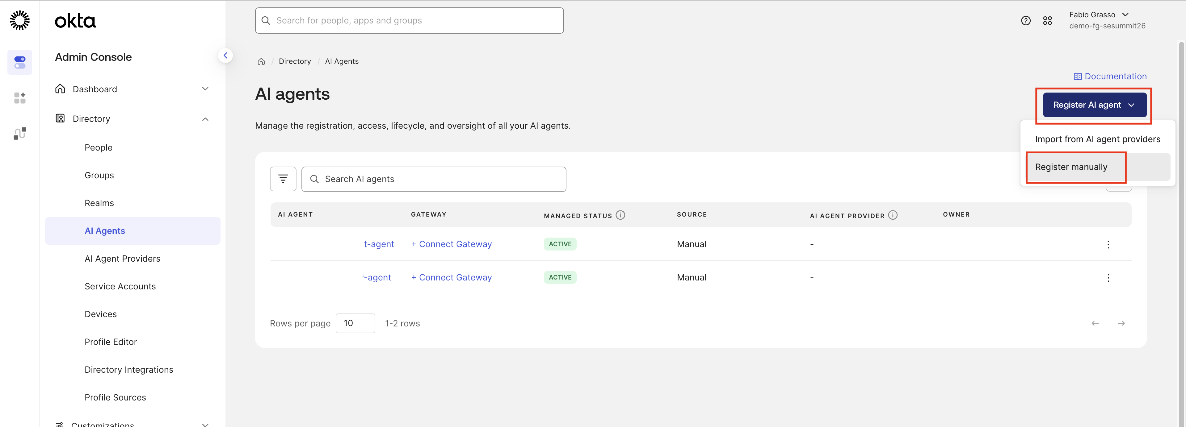 Okta AI Agents page with the Register AI Agent action