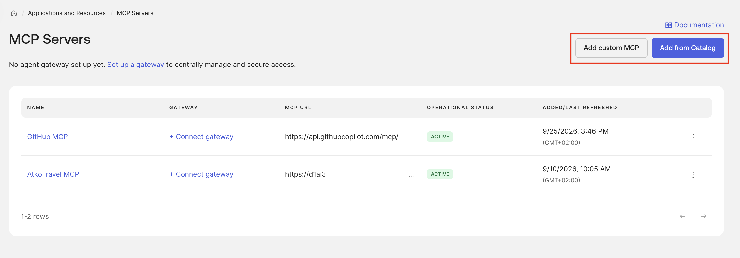 Okta MCP Servers page listing the AtkoTravel and GitHub example registrations