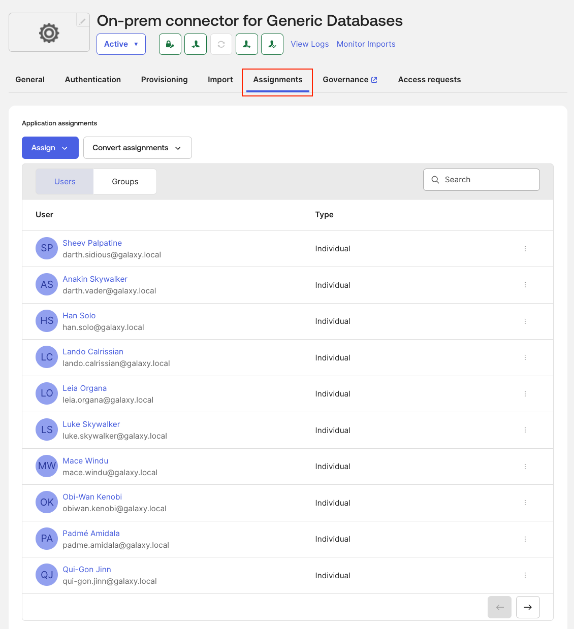 View imported users in the Assignments tab
