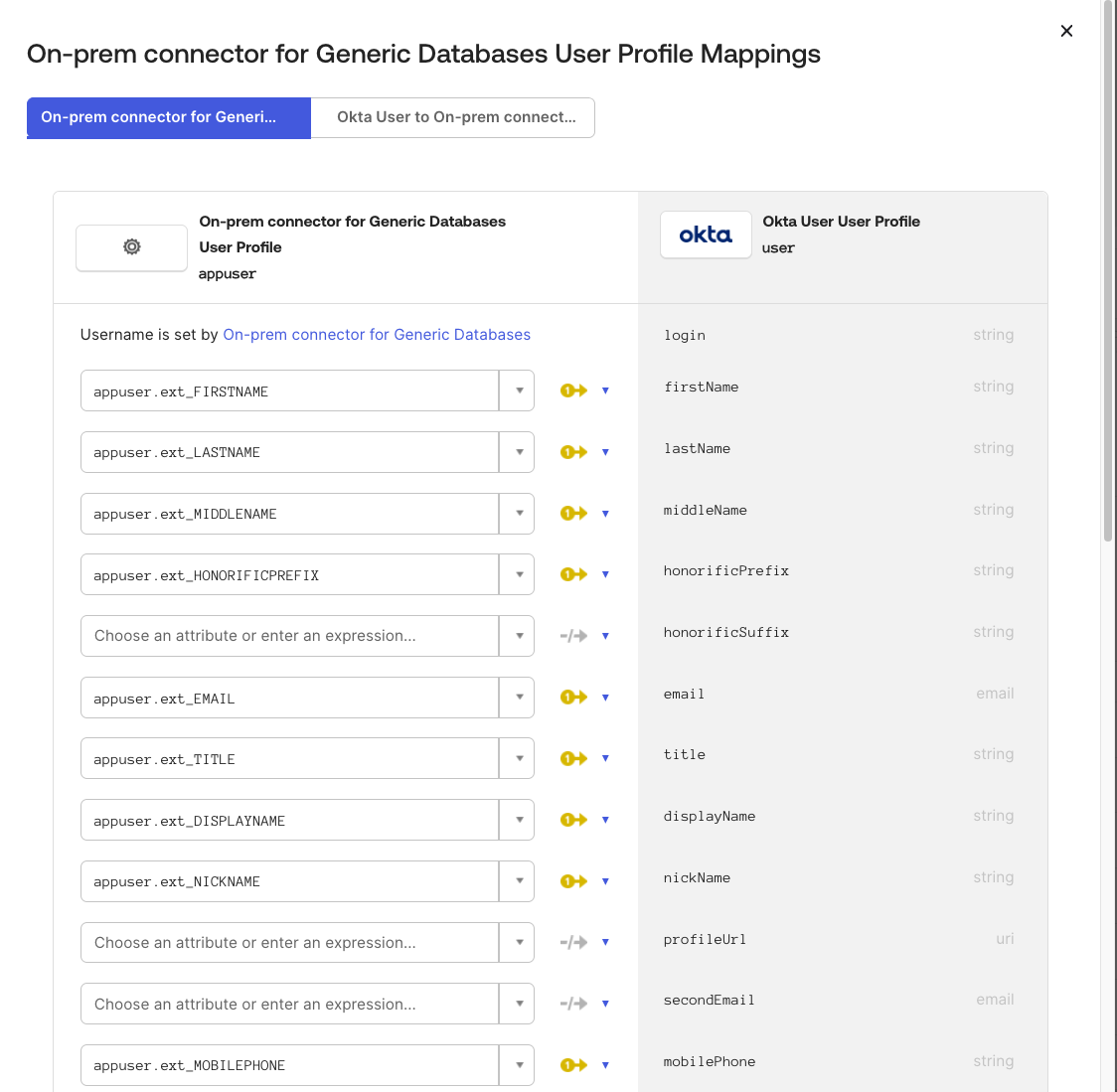 Configure attribute mappings from Generic Database Connector to Okta User profile