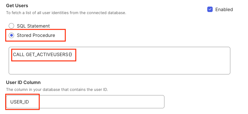 Configure Get Users import operation with stored procedure or SQL query