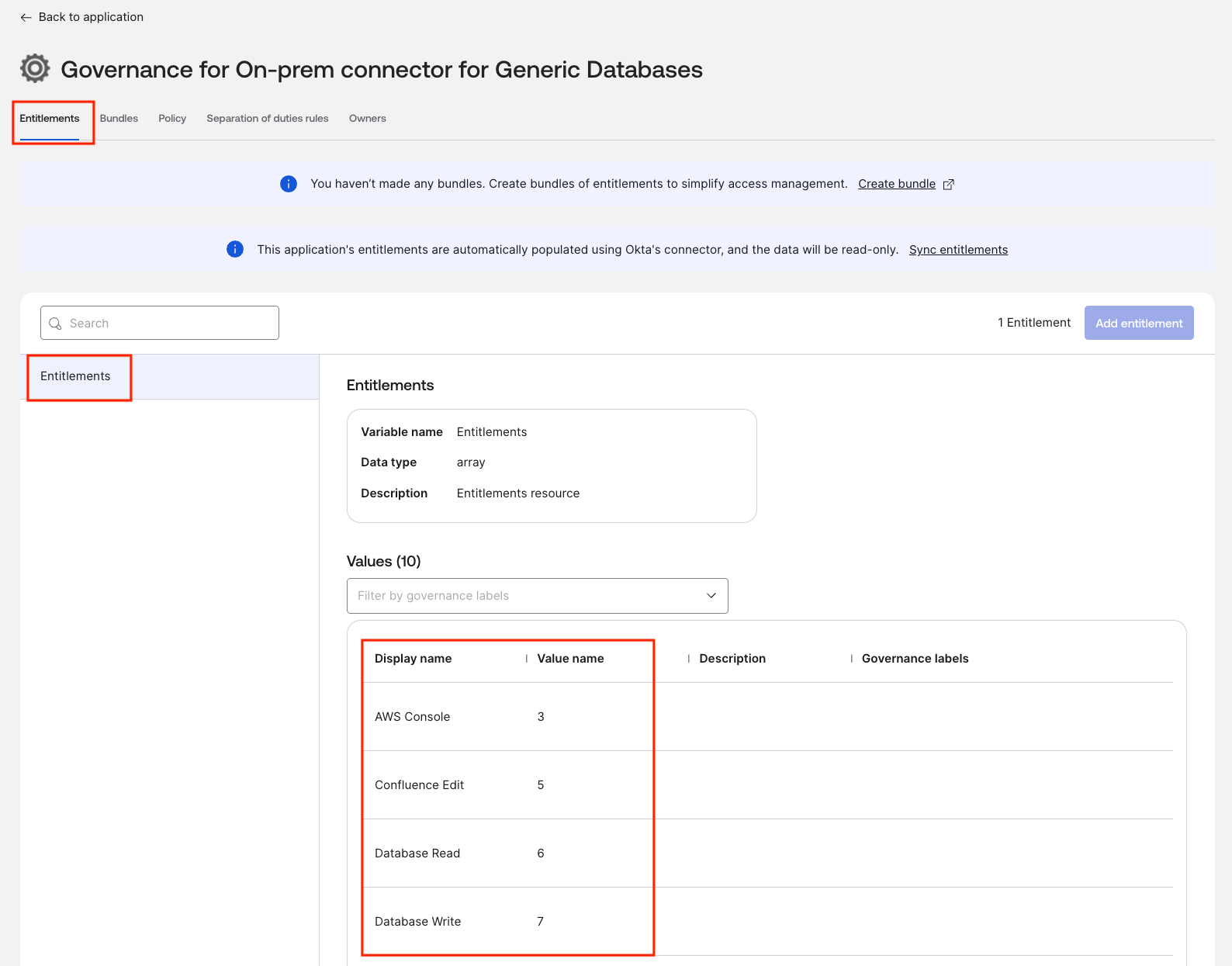 View all entitlements imported from database in Governance tab