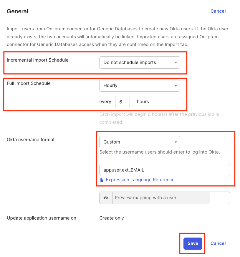 Configure import schedule and username format for database imports