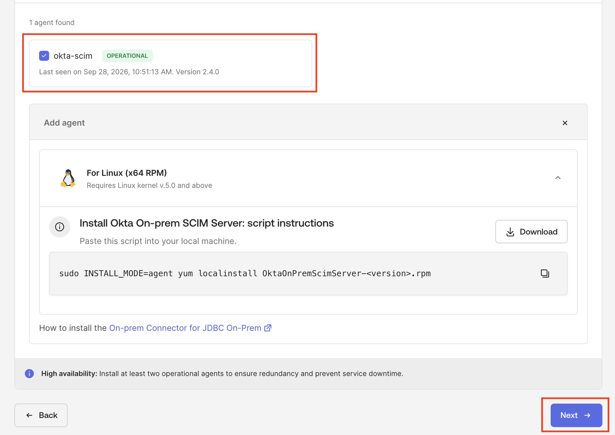 Agent list showing okta-scim as OPERATIONAL