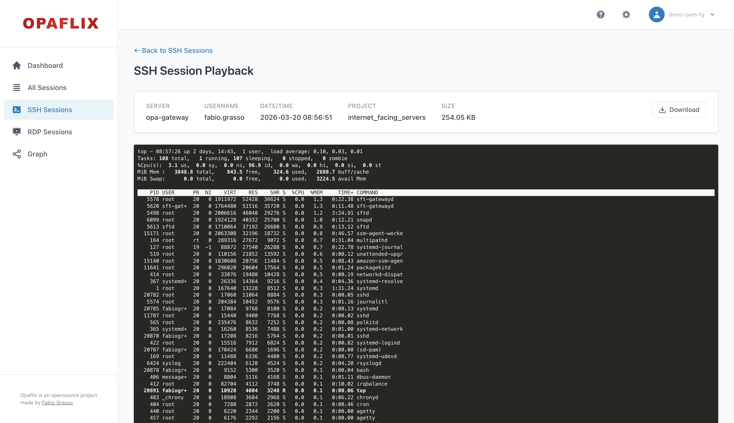 Opaflix SSH session playback with Asciinema player showing play/pause and speed controls