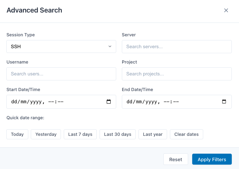 Opaflix advanced search with server, username, project, team, and date filters