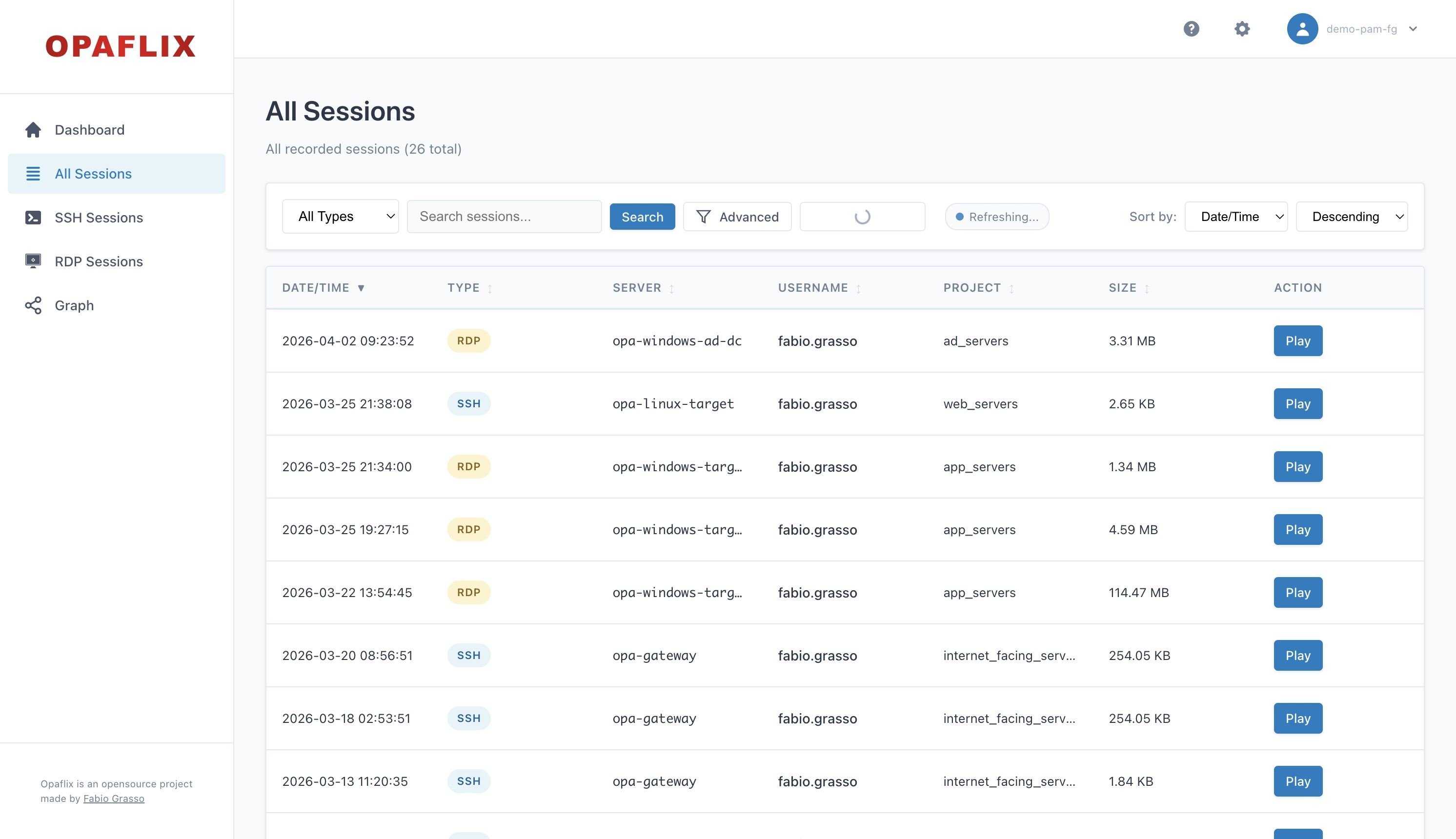 Opaflix Sessions List with filtering and sorting options