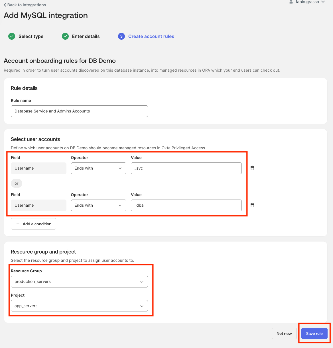 Okta Privileged Access account rule matching database account usernames and assigning them to a resource group and project