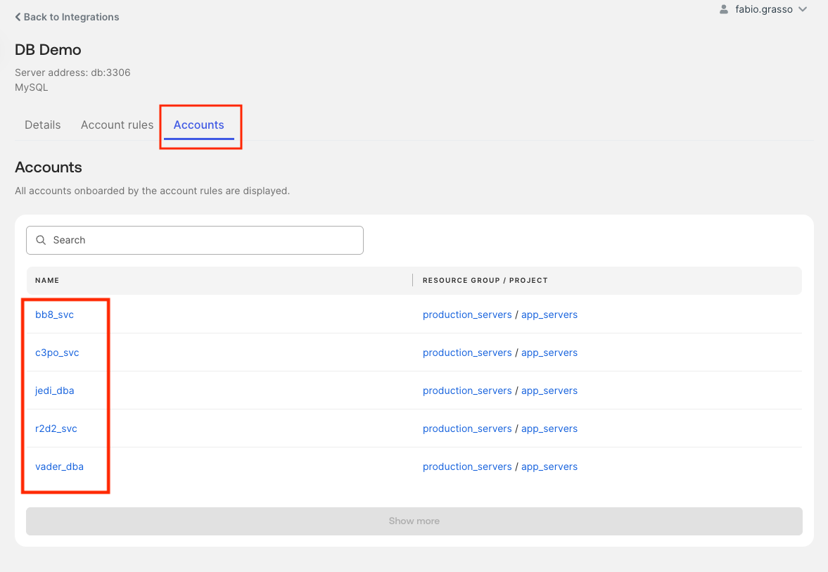 Okta Privileged Access Accounts tab showing database accounts discovered by the integration