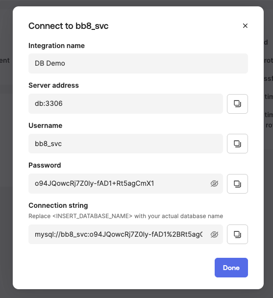 Okta Privileged Access checkout dialog showing the database username, temporary password, and connection string in the lab