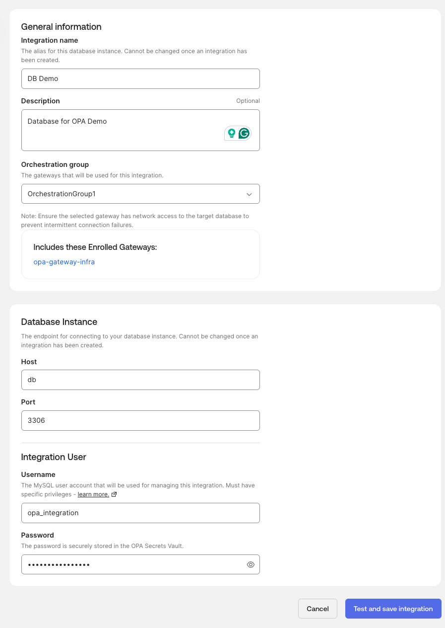 Okta Privileged Access database integration form showing MySQL, the orchestration group, db hostname, port, and integration user
