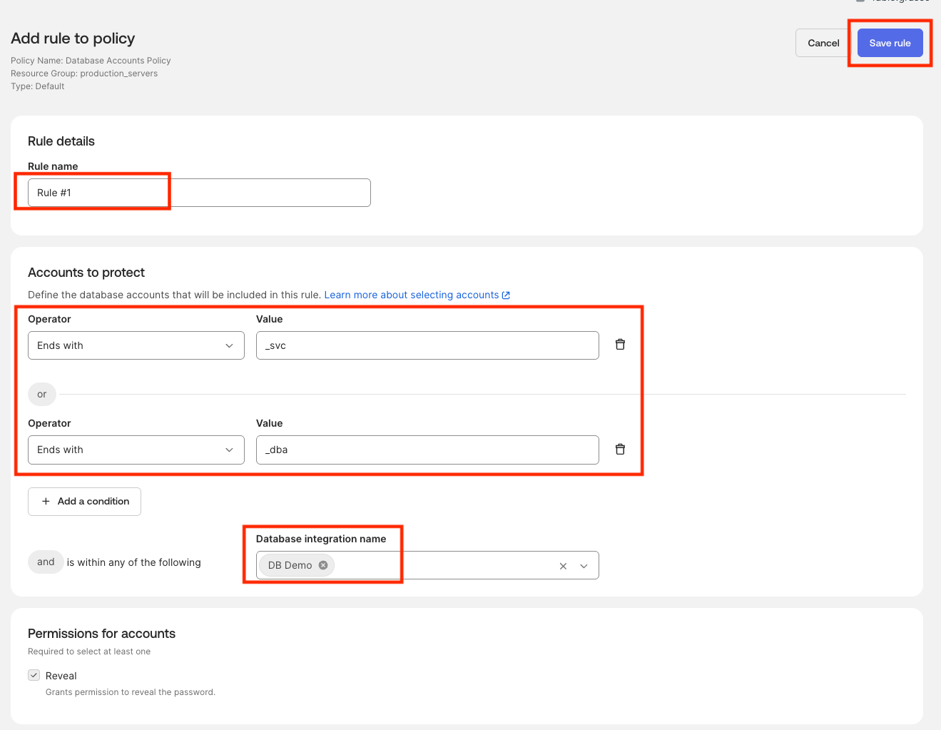 Okta Privileged Access database policy rule with account filter, integration scope, and Reveal permission
