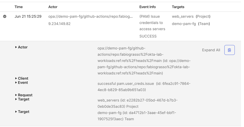 Okta System Log event showing an OPA workload principal receiving credentials to access servers