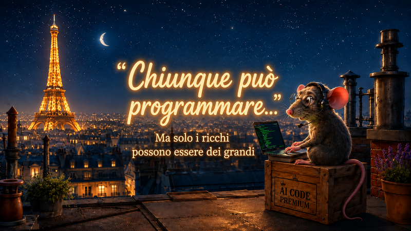Un programmatore sui tetti di Parigi, con la Tour Eiffel sullo sfondo, che guarda un laptop con un'espressione di meraviglia e preoccupazione