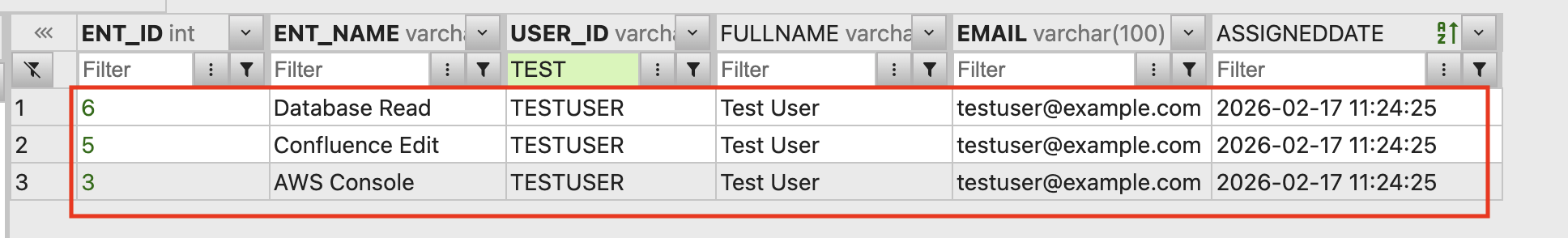 Verify user entitlements in DBGate USERENTITLEMENTS table showing assigned entitlements with dates