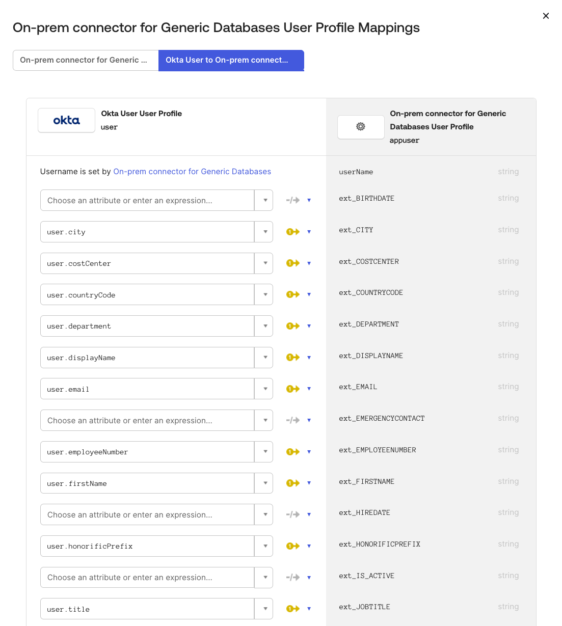 Configure attribute mappings from Okta User profile to database fields